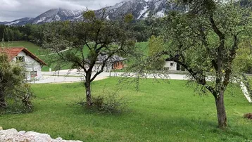 Ländliche Umgebung mit grünen Wiesen, Bäumen und schneebedeckten Bergen im Hintergrund unter bewölktem Himmel.