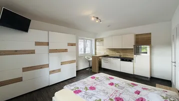 Helles Studio-Apartment mit integrierter Küchenzeile, Schlafbereich und modernem Kleiderschrank.