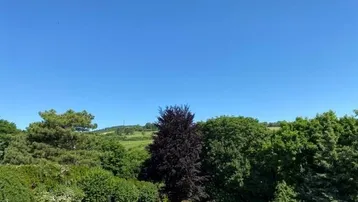 Weitläufiger Blick ins Grüne mit Hügellandschaft und blauem Himmel an einem sonnigen Tag.