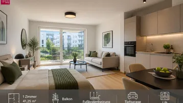 Modernes Studio-Apartment mit offener Küche, hellem Wohnbereich, Schlafzone und Zugang zum Balkon mit Grünblick.