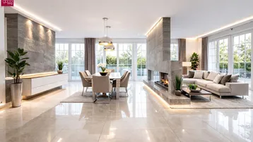 Eleganter offener Wohn- und Essbereich mit modernem Kamin, hochwertigen Möbeln und großen Fenstern.