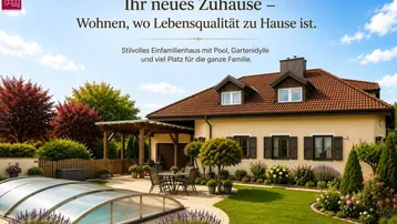 Stilvolles Einfamilienhaus mit großem Garten, Pool, Terrasse und gemütlichem Essbereich im Freien.