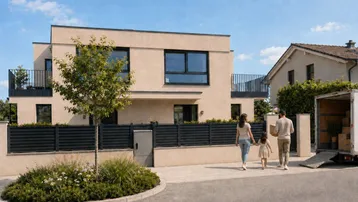 Modernes Reihenhaus mit beiger Fassade und schwarzem Zaun, umgeben von Grünflächen.