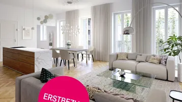 Helles, offenes Wohn-Esszimmer mit moderner Küche, Parkettboden und großen Fenstern für Erstbezug.