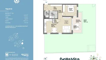 Grundriss einer Erdgeschosswohnung mit offenem Wohnbereich, Schlafzimmer, Bad, separatem WC, Terrasse, Loggia und Garten.