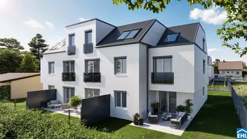Moderne Wohnanlage mit weißer Fassade, dunklem Dach und privaten Terrassen im Erdgeschoss.