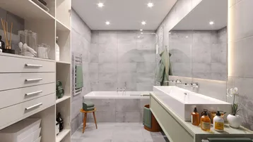 Modernes Badezimmer mit großen grauen Fliesen, Badewanne, Doppelwaschbecken und integrierten Regalen.