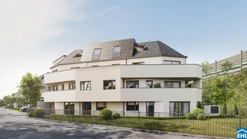 Moderne Wohnanlage mit heller Fassade und Dachschrägenfenstern, umgeben von Grünflächen.