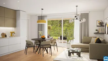 Heller offener Wohn-Essbereich mit moderner Küche, Holzboden und Zugang zur Terrasse.