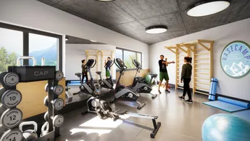 Moderner Fitnessraum mit verschiedenen Trainingsgeräten und großen Fenstern.
