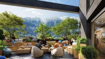 Großzügige Dachterrasse mit bequemen Sitzgelegenheiten, Pflanzen und beeindruckendem Bergblick.