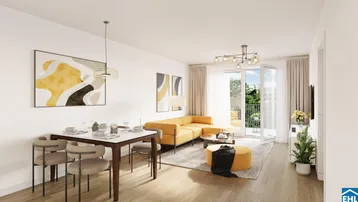 Helles, modern eingerichtetes Wohn-Esszimmer mit Holzboden und Zugang zu einem Balkon.