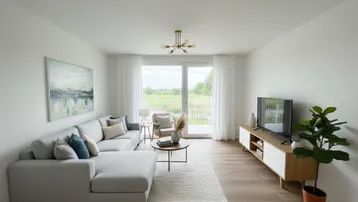 Helles, modernes Wohnzimmer mit Holzboden, großem Sofa und Zugang zum Balkon mit grüner Aussicht.