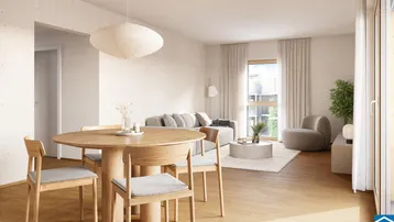Heller, offener Wohn-Essbereich mit modernem Design, Holzboden und Zugang zu einem Außenbereich.
