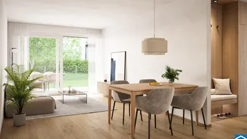 Heller Wohn- und Essbereich mit Holzboden und direktem Zugang zum privaten Garten.