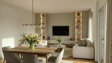 Heller, offener Wohn-Essbereich mit modernem Design, Holzboden und Zugang zur Terrasse.