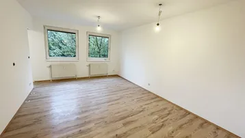 Heller Wohnraum mit Laminatboden, weißen Wänden und Blick ins Grüne durch zwei Fenster.