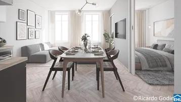 Heller offener Wohn- und Essbereich mit Parkettboden und Blick ins Schlafzimmer.