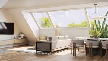 Heller Wohn- und Essbereich mit Dachschrägen, großen Fenstern und Holzboden, modern eingerichtet.