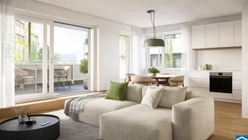 Heller, offener Wohn-Essbereich mit integrierter Küche und Zugang zu einem sonnigen Balkon.