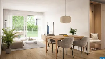 Helles Wohn- und Esszimmer mit Holzboden, Zugang zum Garten und moderner Einrichtung.