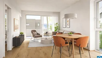 Heller, offener Wohn- und Essbereich mit modernem Design, Holzboden und Zugang zu einem Balkon.
