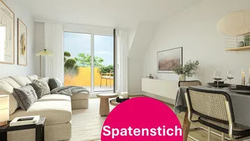 Heller, moderner Wohn- und Essbereich mit Holzboden und direktem Zugang zu einer sonnigen Terrasse.