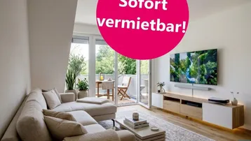 Helles Wohnzimmer mit modernem Sofa, TV-Möbel und Zugang zu einem möblierten Balkon.