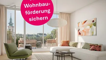 Helles, modernes Wohnzimmer mit großen Fenstern, Zugang zur Terrasse und Blick auf die Stadt mit Kirchturm.