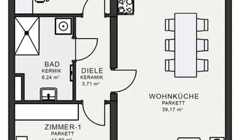 Grundriss einer Wohnung mit zwei Zimmern, offener Wohnküche und Balkonzugang.