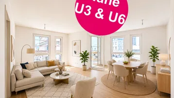 Heller Wohn- und Essbereich mit modernen Möbeln, Parkettboden und großen Fenstern, nahe U3 & U6.