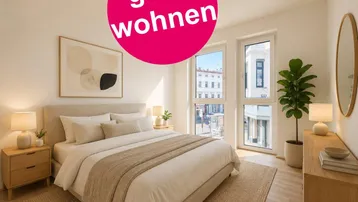 Helles Schlafzimmer mit großen Fenstern, modernem Bett und Blick auf die Stadt.