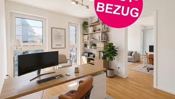 Helles Büro mit modernem Schreibtisch, Regalen und Blick in den Wohnbereich, ideal für Erstbezug.