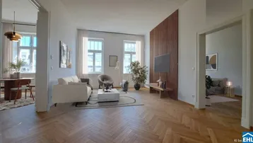 Helles Wohnzimmer mit Fischgrätparkett, hohen Decken und moderner Einrichtung, offen zum Essbereich.