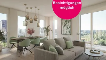Heller, offener Wohn-Essbereich mit modernen Möbeln, großen Fenstern und Blick ins Grüne.