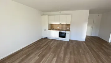 Heller Wohnraum mit integrierter Küchenzeile und modernem Laminatboden in einem Neubau.