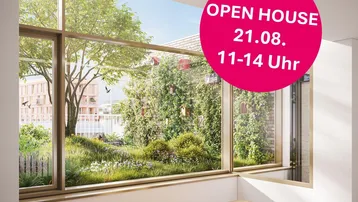 Heller Innenraum mit großen Fenstern und Blick auf eine begrünte Außenanlage, ideal für Entspannung.