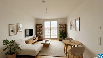 Helles Wohnzimmer mit Holzboden, modernen Möbeln und Blick auf die Stadt.