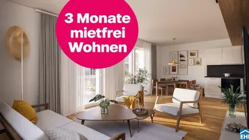 Heller, offener Wohn- und Essbereich mit integrierter Küche, Parkettboden und Zugang zum Balkon.