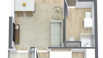Moderner Grundriss mit offenem Wohnbereich, Schlafzimmer, Balkon und separatem WC.