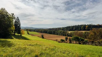Weite grüne Hügellandschaft mit Feldern und Wäldern unter einem bewölkten Himmel, die eine ruhige ländliche Umgebung zeigt.