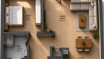 Grundriss einer modernen Wohnung mit einem Schlafzimmer, offenem Wohnbereich und Balkon.