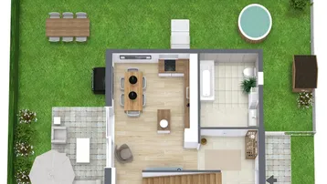 Grundriss des Erdgeschosses mit offenem Wohnbereich, Terrasse und Garten mit Whirlpool.