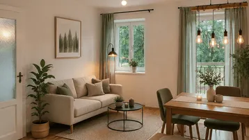 Helles Wohn- und Esszimmer mit Holzboden, beigem Sofa und Blick ins Grüne.