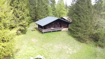 Traditionelles Holzchalet inmitten eines Nadelwaldes mit grüner Wiese und Bergblick.