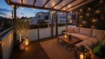 Gemütlicher überdachter Balkon am Abend mit Lichterketten, bequemen Sitzmöbeln und Blick auf die Stadt.