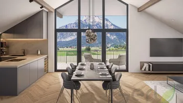Moderner offener Wohn-Essbereich mit integrierter Küche, Holzbalken und beeindruckendem Bergblick durch große Fenster.