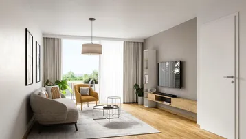 Gemütliches Wohnzimmer mit Holzboden, beiger Wand und großem Fenster mit Blick ins Grüne.