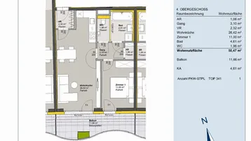 Detaillierter Grundriss der Wohnung TOP 341 mit einem Schlafzimmer und Balkon.