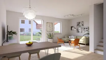 Heller, offener Wohn- und Essbereich mit modernen Möbeln, Holzboden und Blick in den Garten.